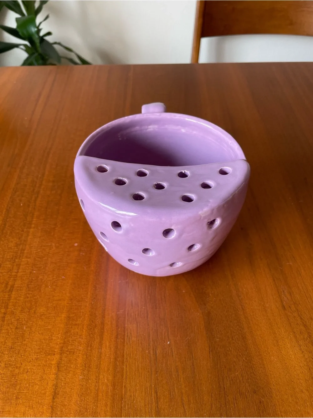 Lavender Ceramic Berry Bowl with Handle and Built-In Strainer